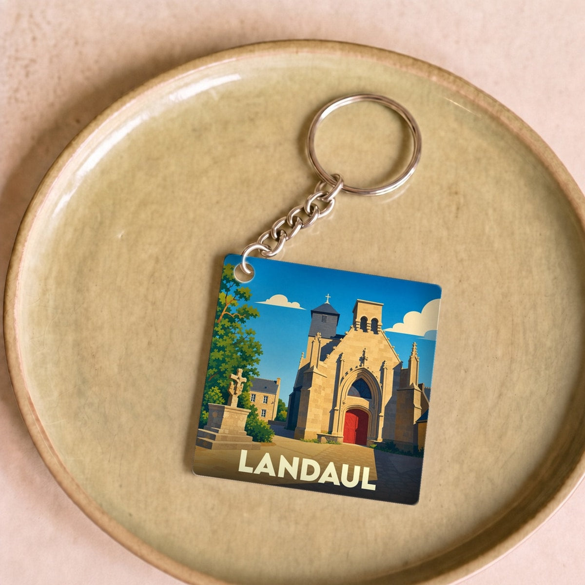 Porte-clés souvenir de la ville de Landaul avec une illustration stylisée de son église.