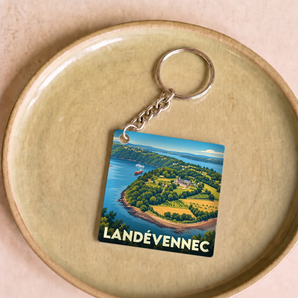 Porte-clés souvenir de la ville de Landévennec avec une illustration stylisée de sa côte et de son abbaye.