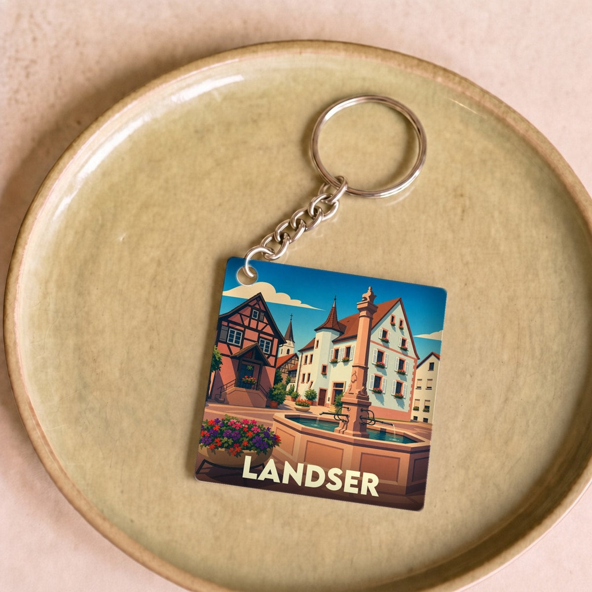 Porte-clés souvenir de la ville de Landser avec une illustration stylisée.