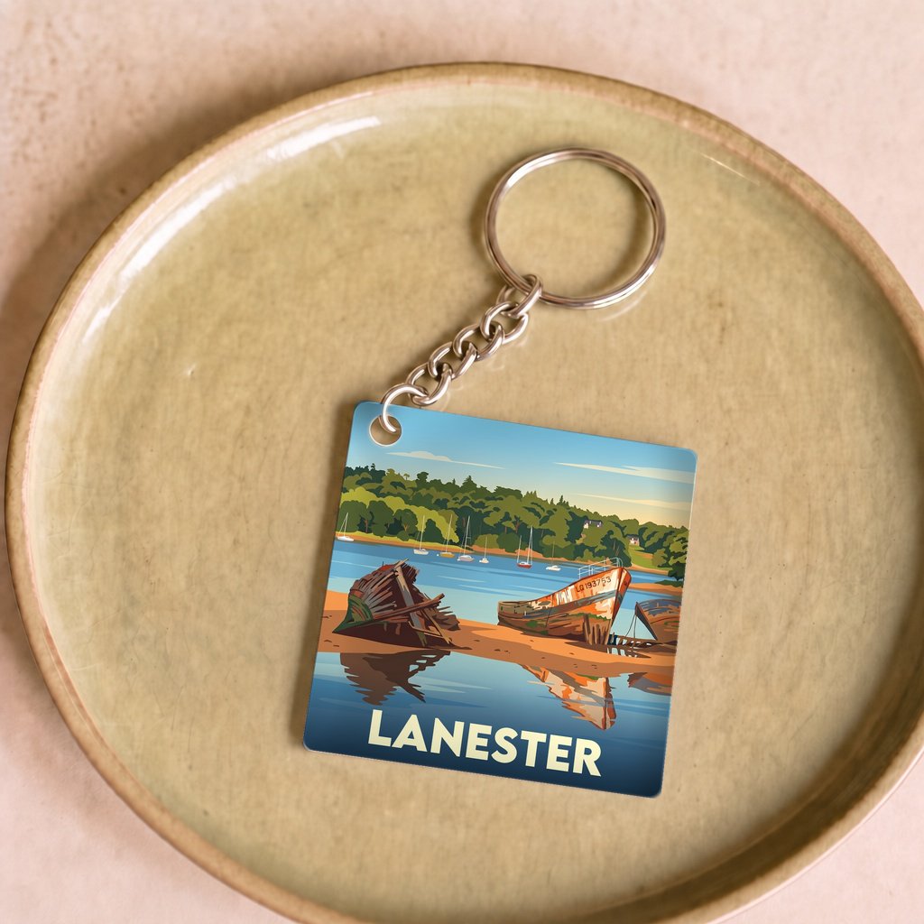 Porte-clés souvenir de la ville de Lanester avec une illustration stylisée.