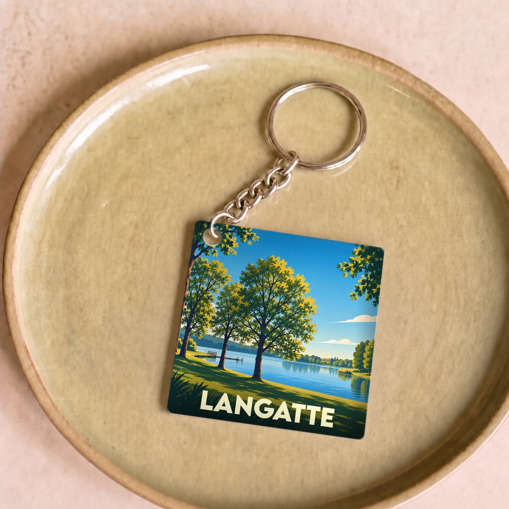 Porte-clés souvenir de la ville de Langatte avec une illustration stylisée de son lac et de sa forêt.
