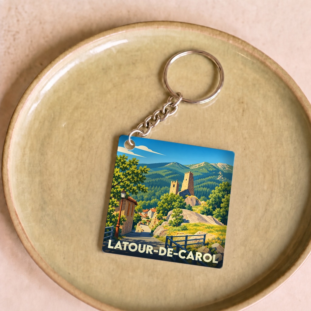 Porte-clés souvenir de la ville de Latour-de-Carol avec une illustration stylisée de son paysage et de ses tours médiévales.
