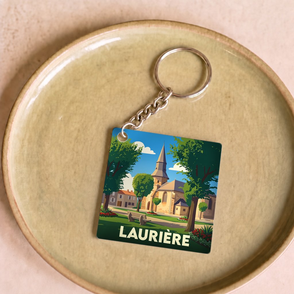 Porte-clés souvenir de la ville de Laurière avec une illustration stylisée.