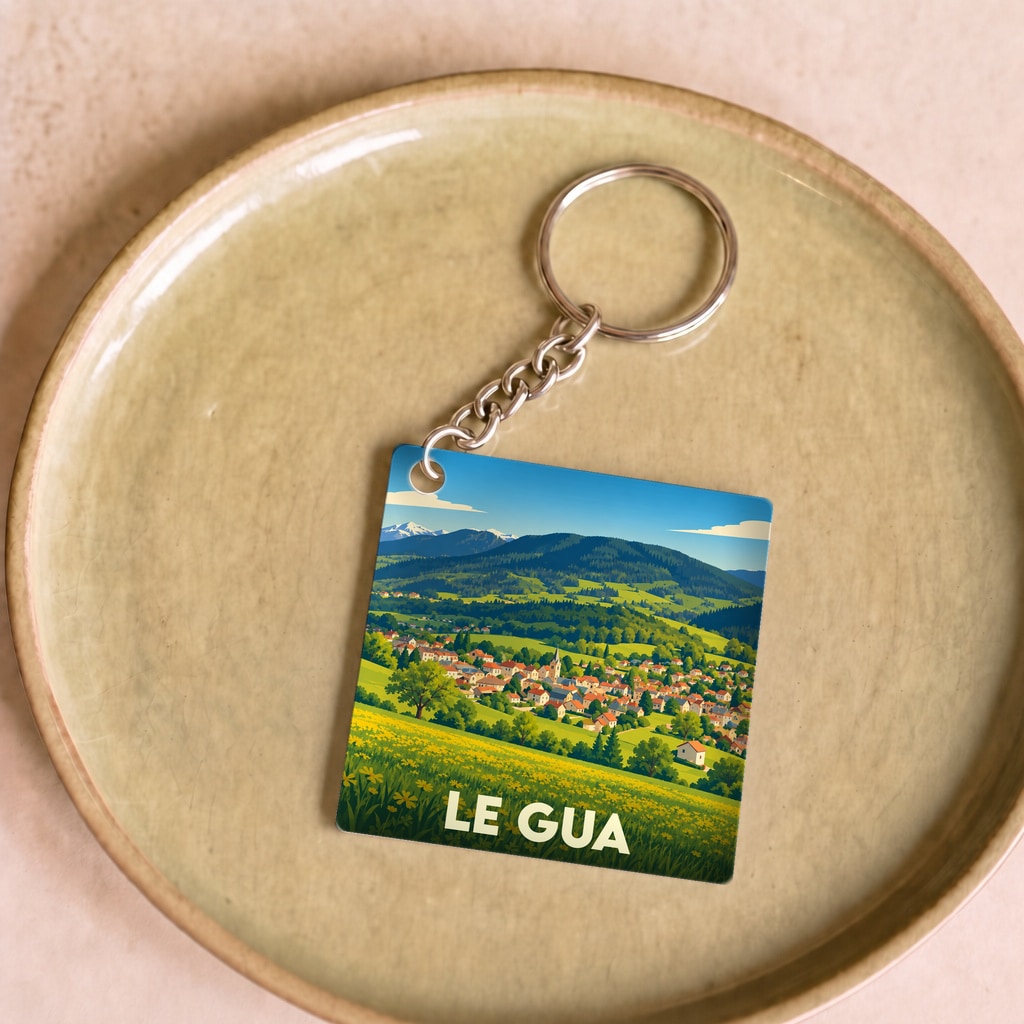 Porte-clés souvenir de la ville de Le Gua avec une illustration stylisée de son paysage montagneux.