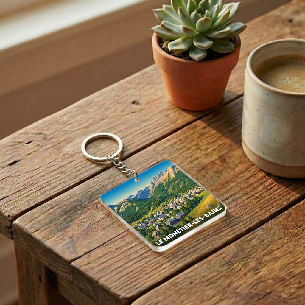 Porte-clés souvenir de la ville de Le Monêtier-les-Bains avec une illustration stylisée.