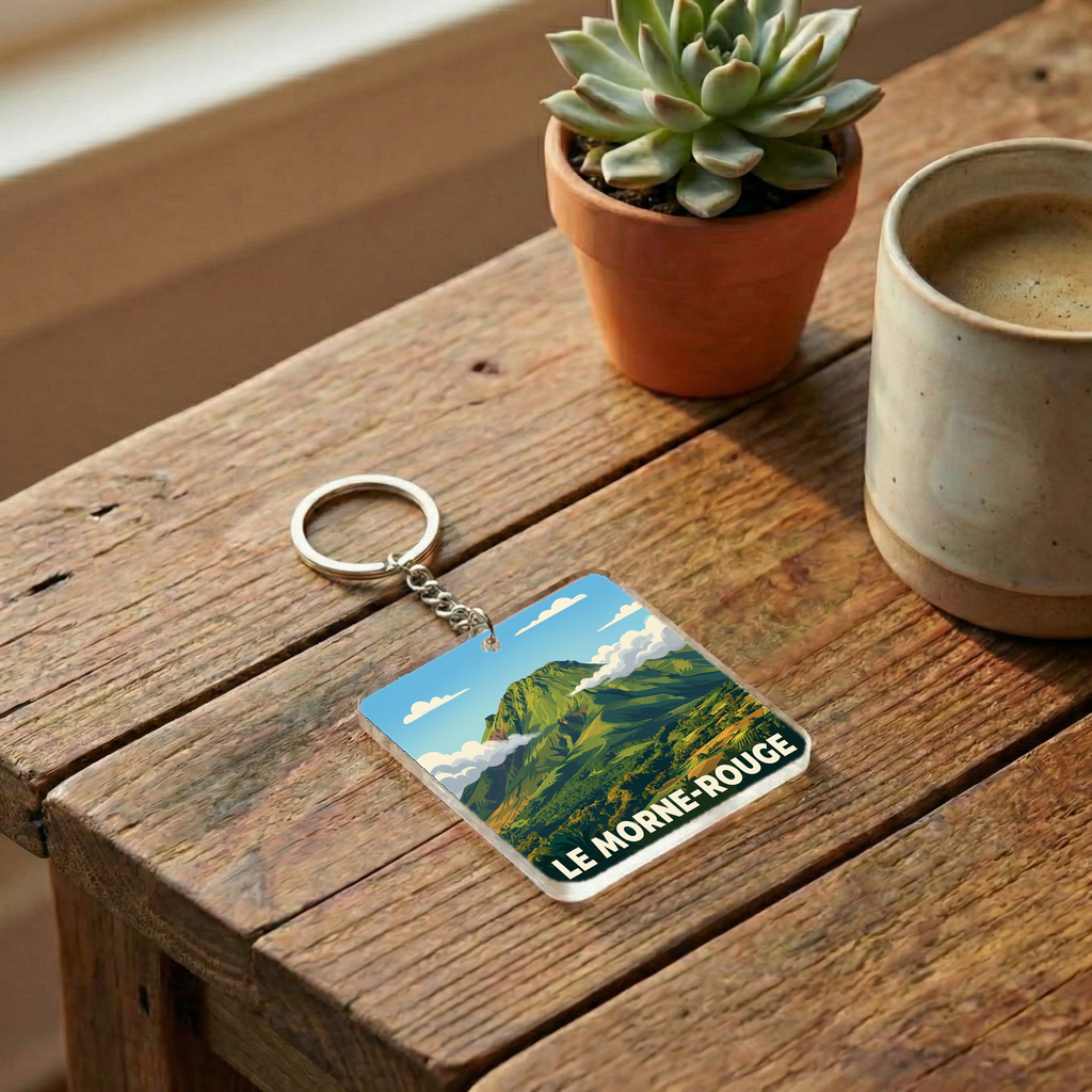 Porte-clés souvenir de la ville de Le Morne-Rouge avec une illustration stylisée d'un paysage de montagne.