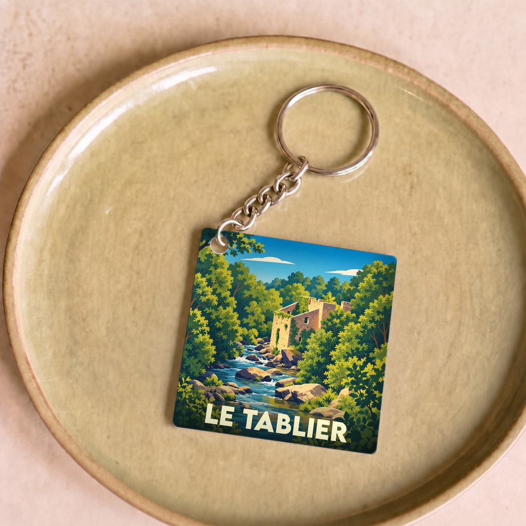 Porte-clés souvenir de la ville de Le Tablier avec une illustration stylisée d'un paysage naturel.