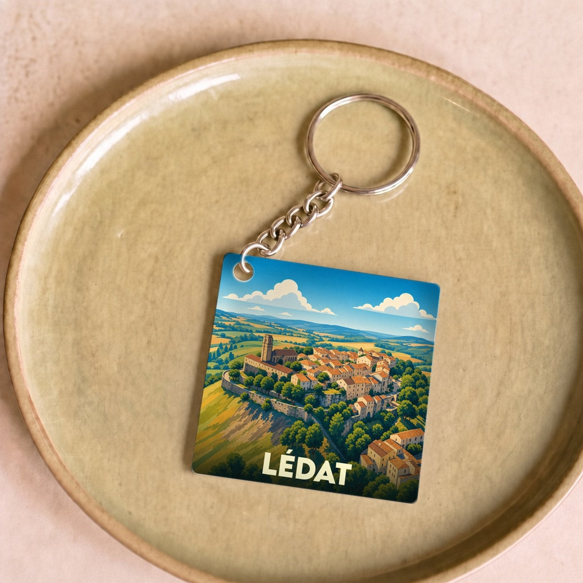 Porte-clés souvenir de la ville de Lédat avec une illustration stylisée d'un village perché.