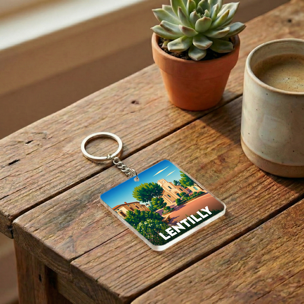Porte-clés souvenir de la ville de Lentilly avec une illustration stylisée.