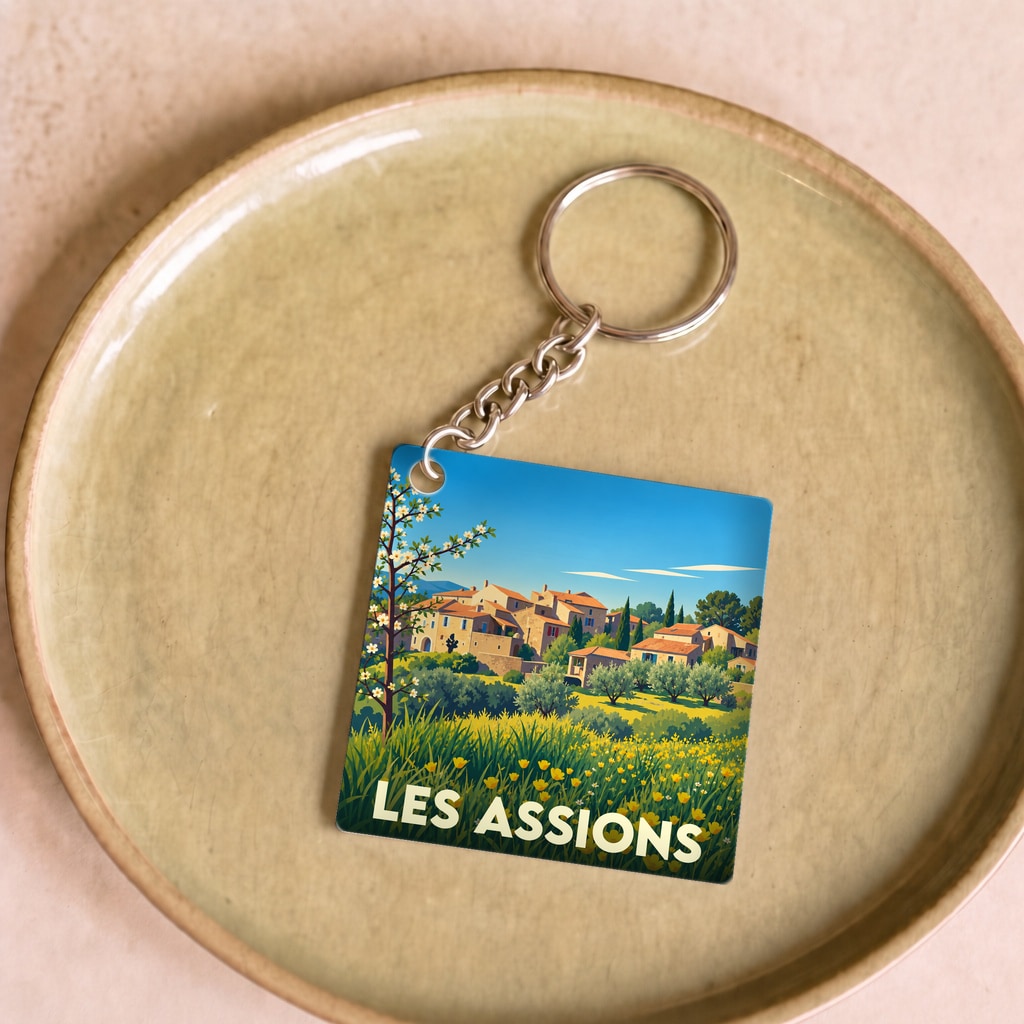 Porte-clés souvenir de la commune de Les Assions avec une illustration de paysage de village provençal.