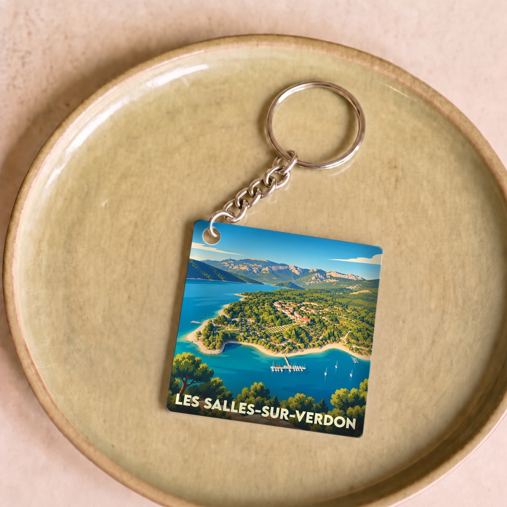Porte-clés souvenir de la commune Les Salles-sur-Verdon avec une illustration stylisée du lac de Sainte-Croix.