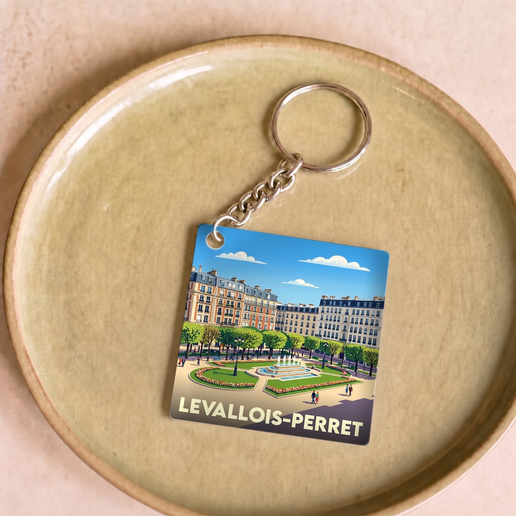 Porte-clés souvenir de la ville de Levallois-Perret avec une illustration stylisée.