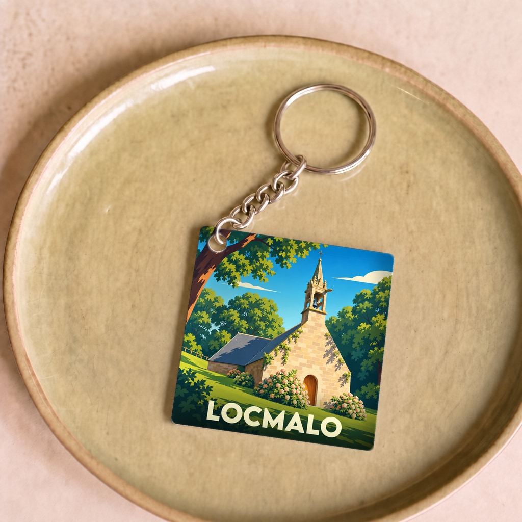 Porte-clés souvenir de la ville de Locmalo avec une illustration stylisée de sa chapelle.