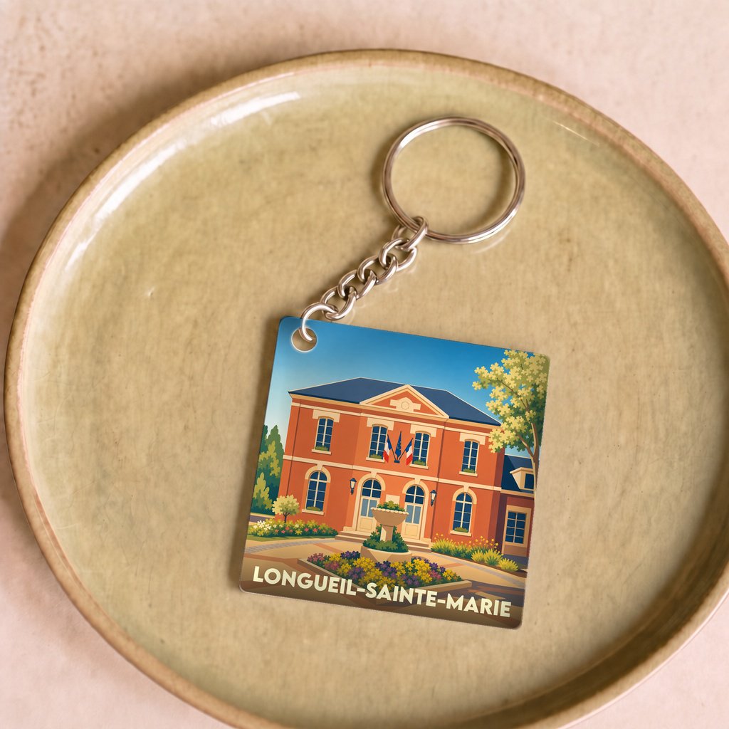 Porte-clés souvenir de la ville de Longueil-Sainte-Marie avec une illustration stylisée de sa mairie.