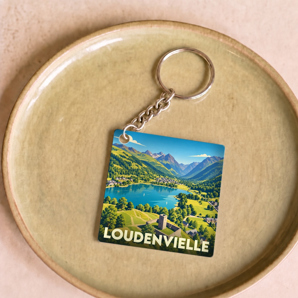 Porte-clés souvenir de la ville de Loudenvielle avec une illustration stylisée de son lac et de ses montagnes.