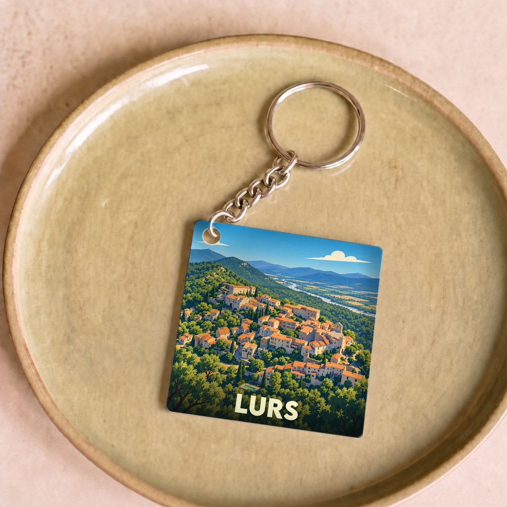 Porte-clés souvenir de la ville de Lurs avec une illustration stylisée d'un village perché.