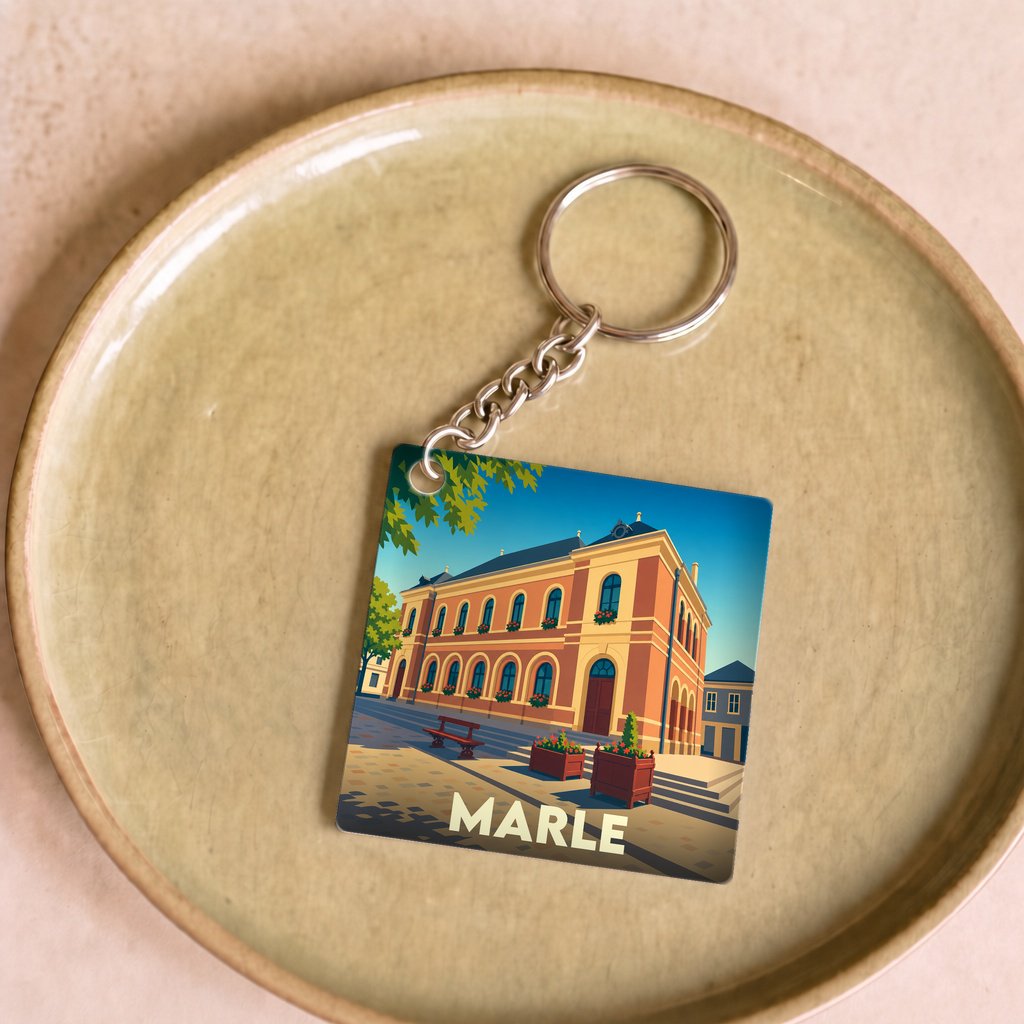 Porte-clés souvenir de la ville de Marle avec une illustration stylisée de son hôtel de ville.