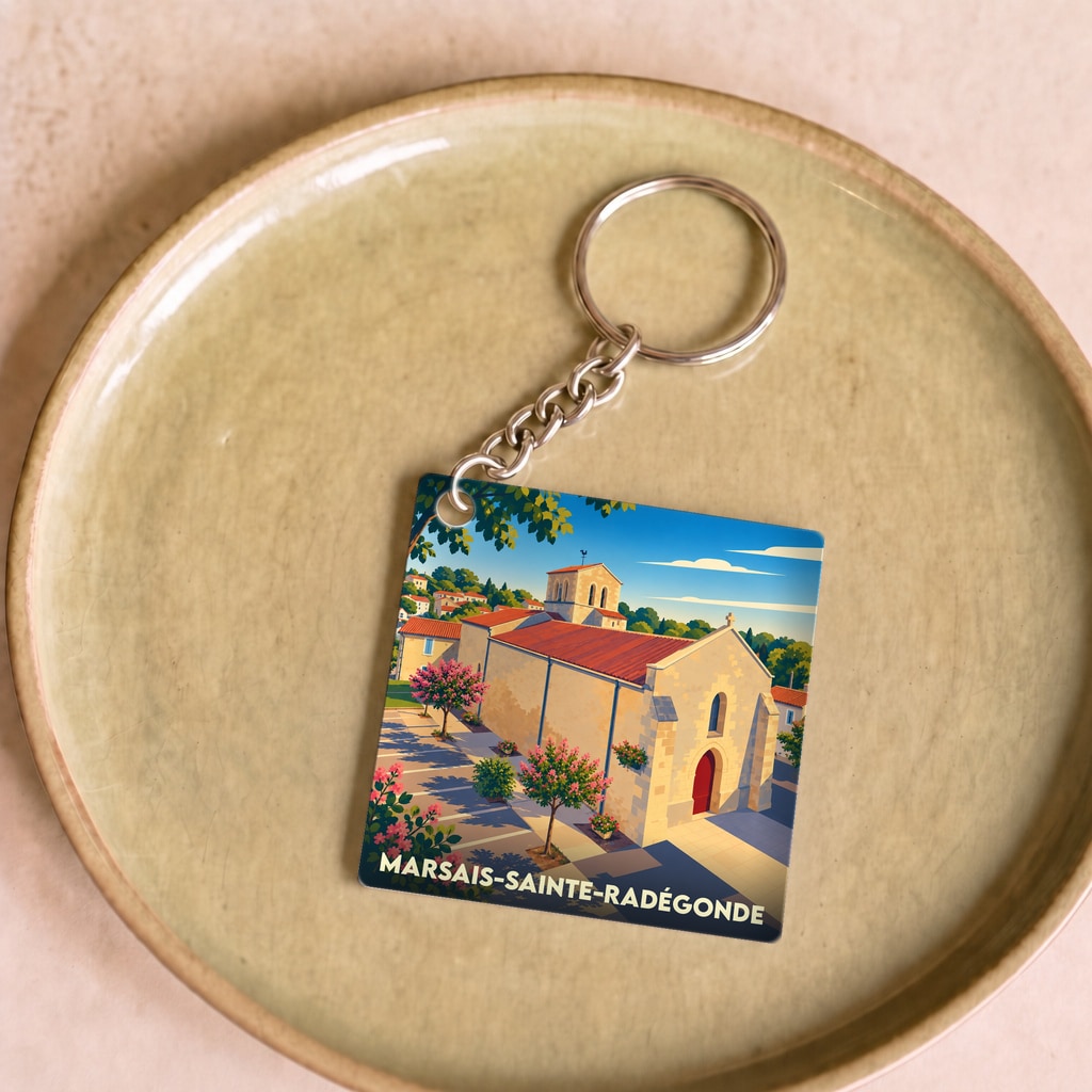 Porte-clés souvenir de la commune de Marsais-Sainte-Radégonde avec une illustration stylisée de son église.