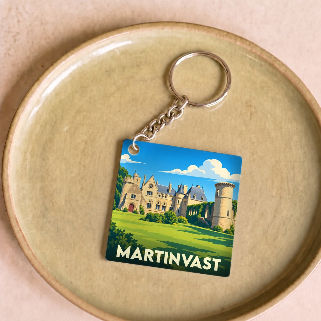 Porte-clés souvenir de la ville de Martinvast avec une illustration stylisée de son château.