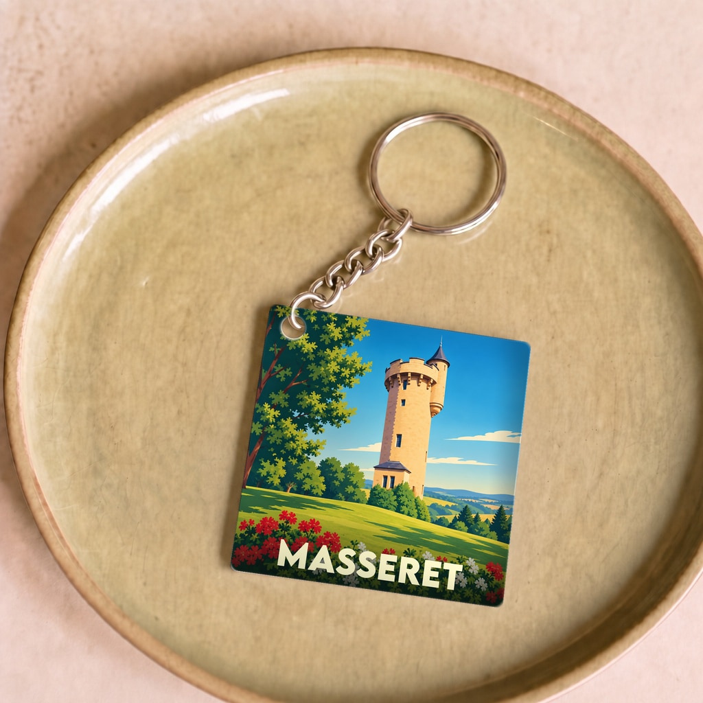 Porte-clés souvenir de la ville de Masseret avec une illustration stylisée d'une tour historique.