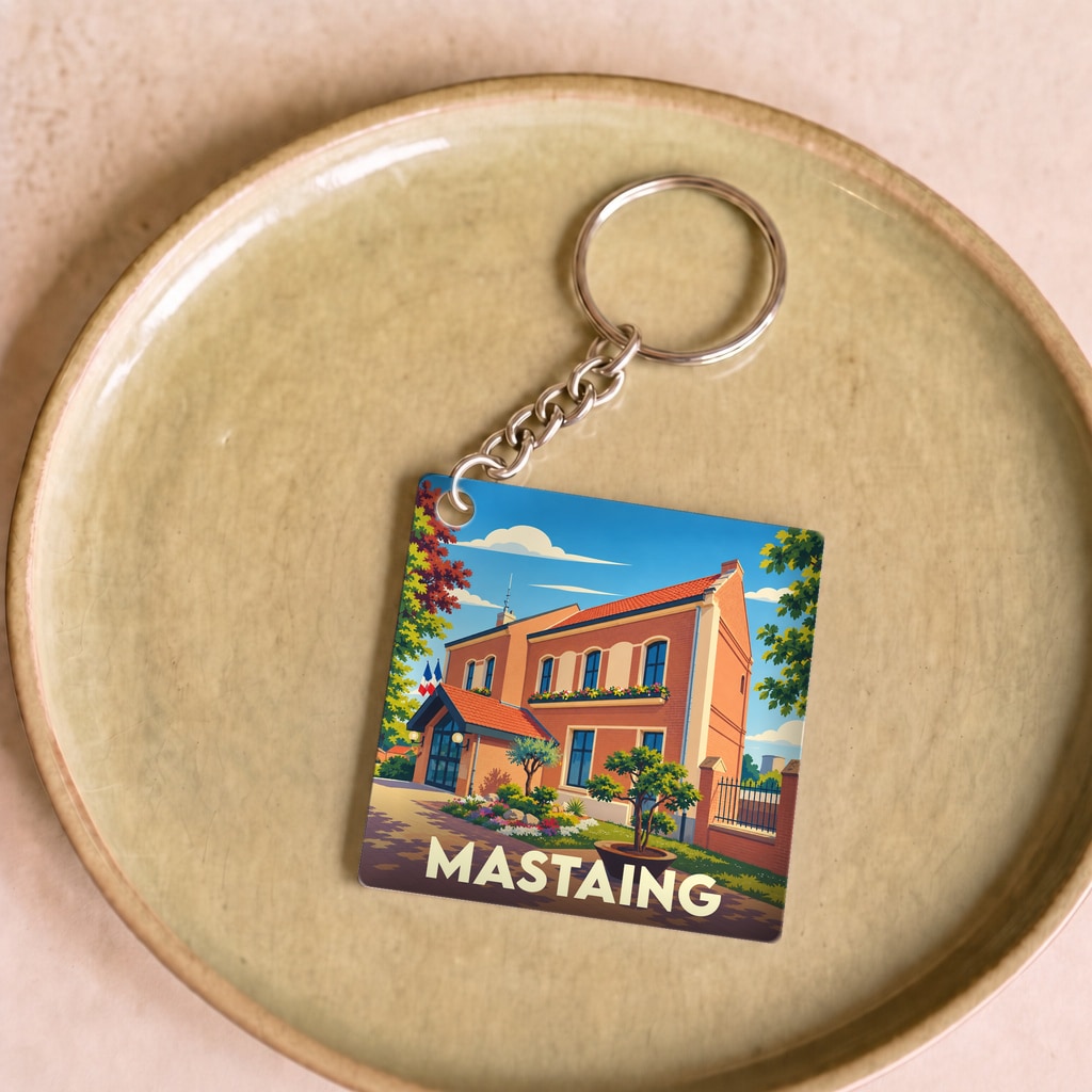 Porte-clés souvenir de la ville de Mastaing avec une illustration stylisée de la mairie.