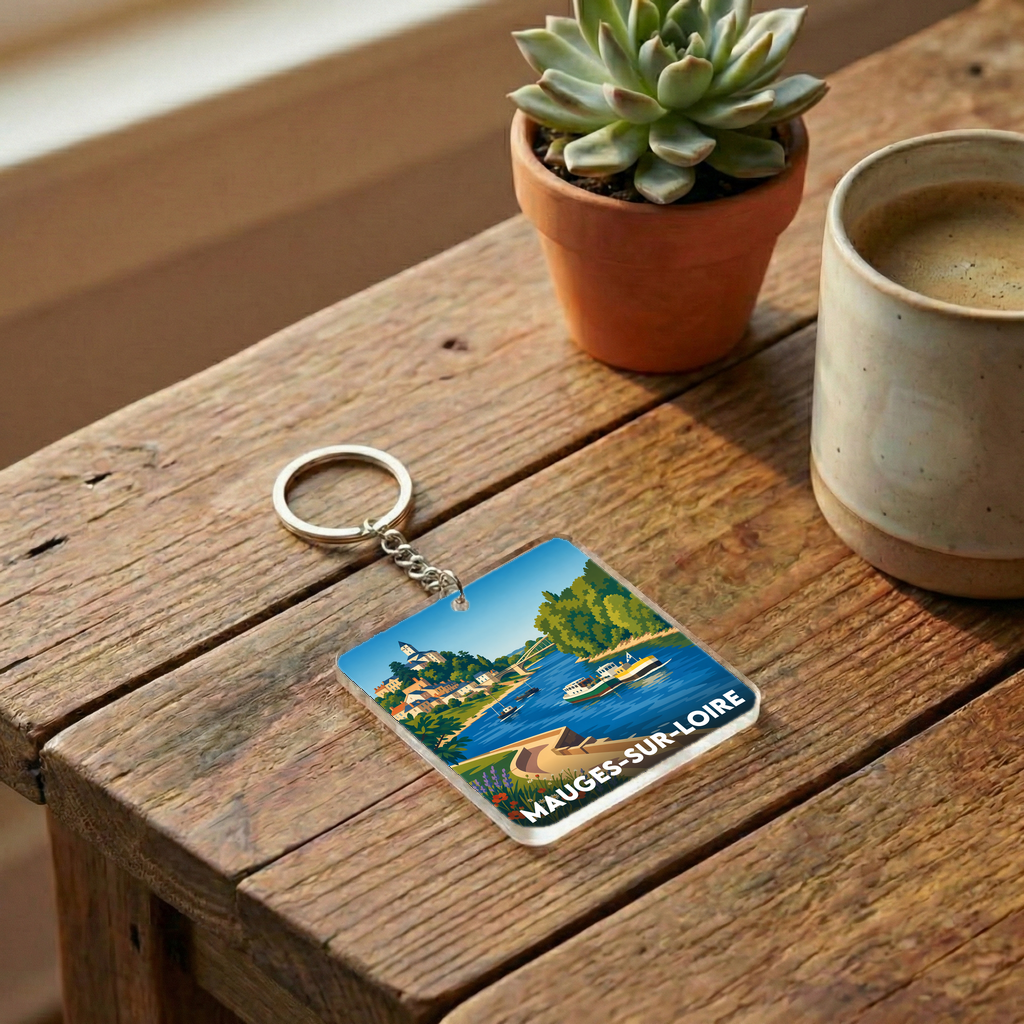 Porte-clés souvenir de la ville de Mauges-sur-Loire avec une illustration stylisée d'un paysage fluvial.