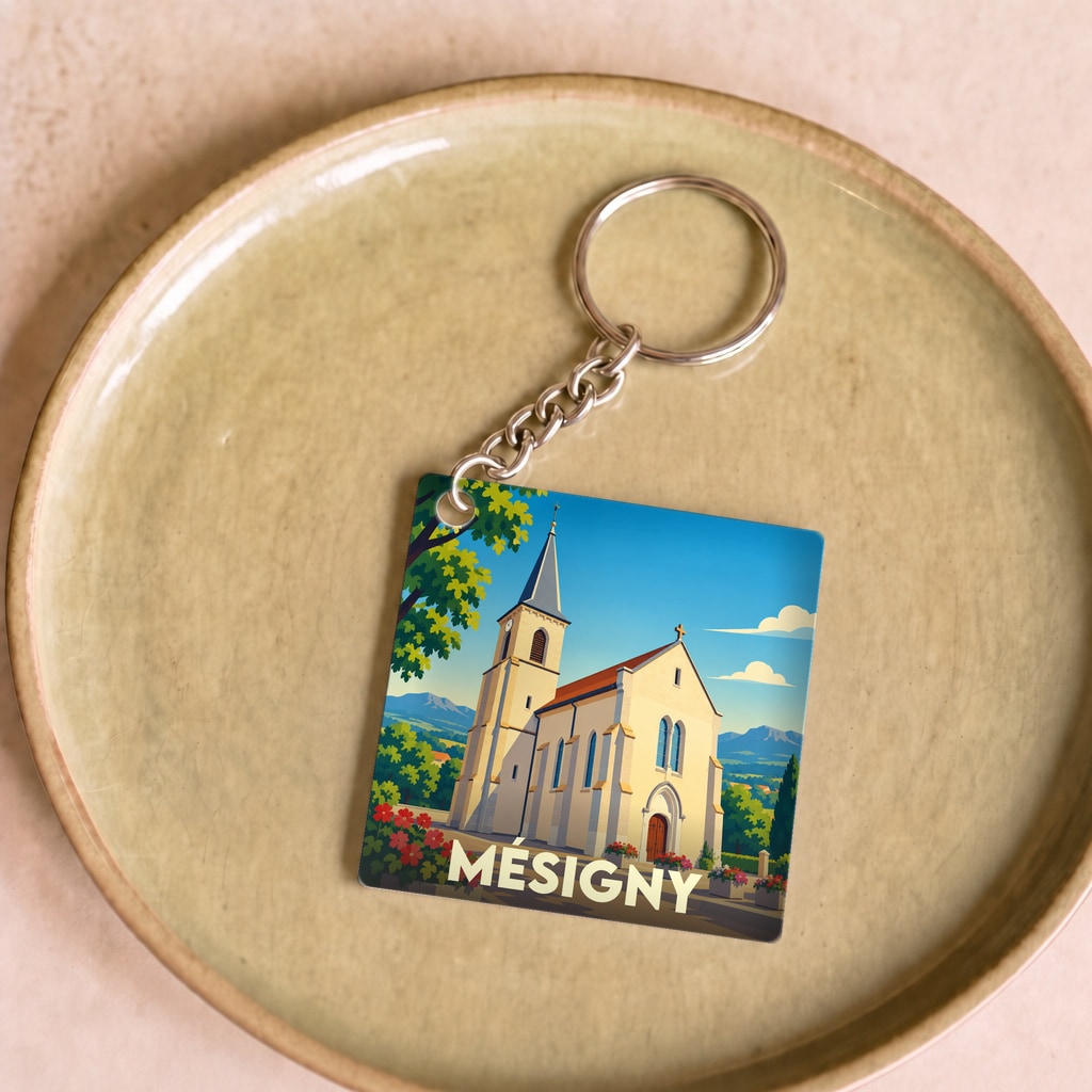 Porte-clés souvenir de la ville de Mésigny avec une illustration stylisée d'une église sous un ciel bleu.