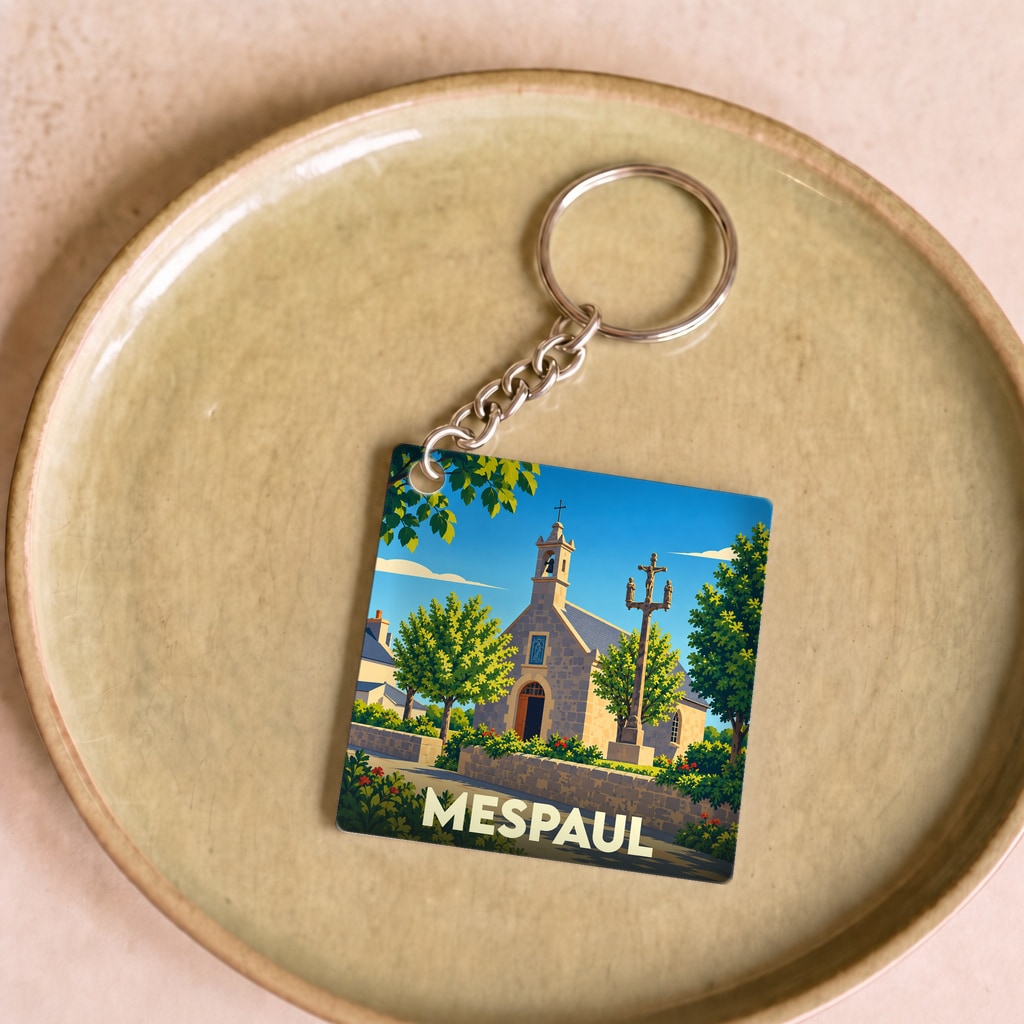 Porte-clés souvenir de la ville de Mespaul avec une illustration stylisée de son église et de son calvaire.