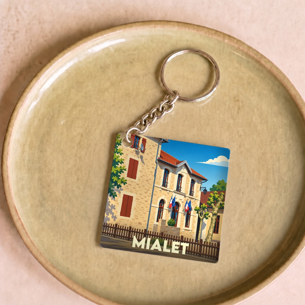 Porte-clés souvenir de la ville de Mialet avec une illustration stylisée de sa mairie.