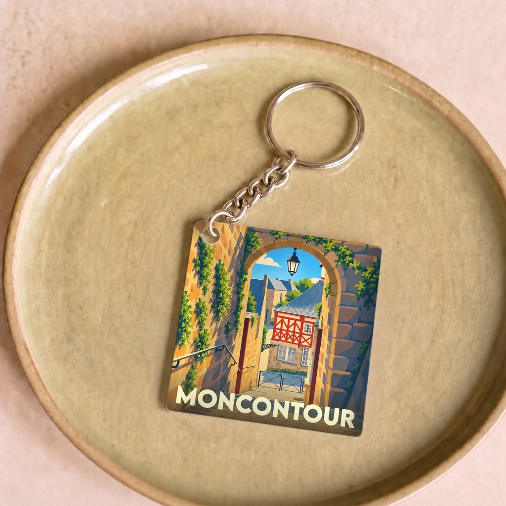 Porte-clés souvenir de la ville de Moncontour avec une illustration stylisée d'une ruelle médiévale fleurie.