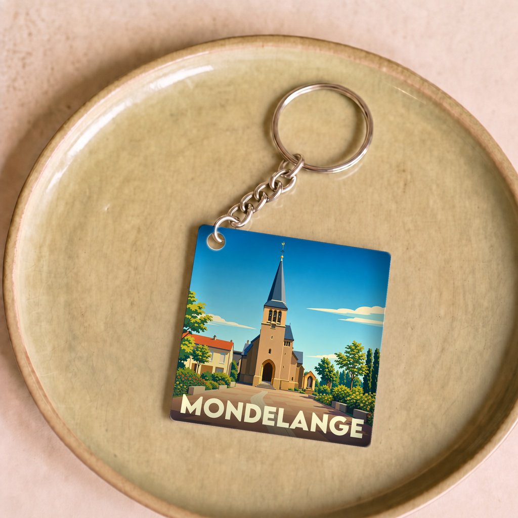 Porte-clés souvenir de la ville de Mondelange avec une illustration stylisée de son église.
