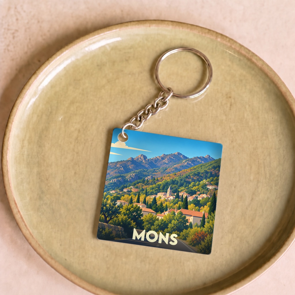 Porte-clés souvenir de la ville de Mons avec une illustration stylisée d'un village de montagne.