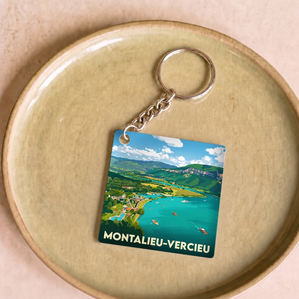 Porte-clés souvenir de la ville de Montalieu-Vercieu avec une illustration de paysage stylisée.