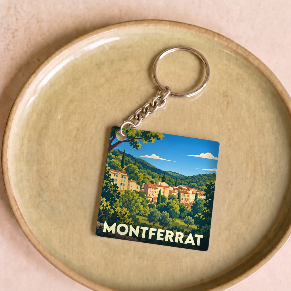 Porte-clés souvenir de la ville de Montferrat avec une illustration stylisée de son paysage provençal.