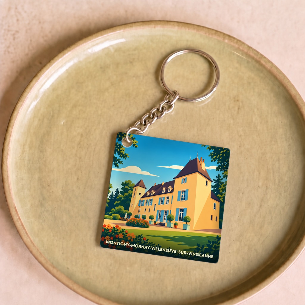 Porte-clés souvenir de la ville de Montigny-Mornay-Villeneuve-sur-Vingeanne avec une illustration stylisée de son château.