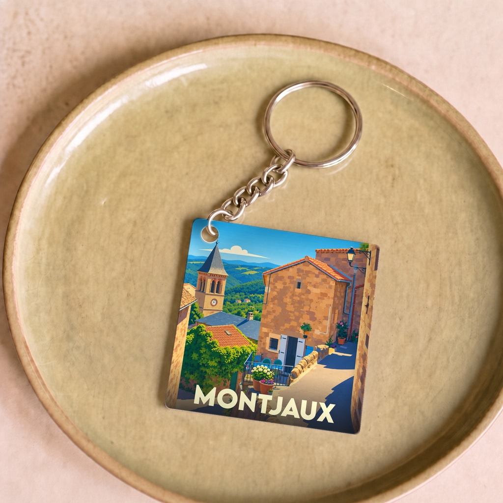 Porte-clés souvenir de la ville de Montjaux avec une illustration stylisée d'un village pittoresque.