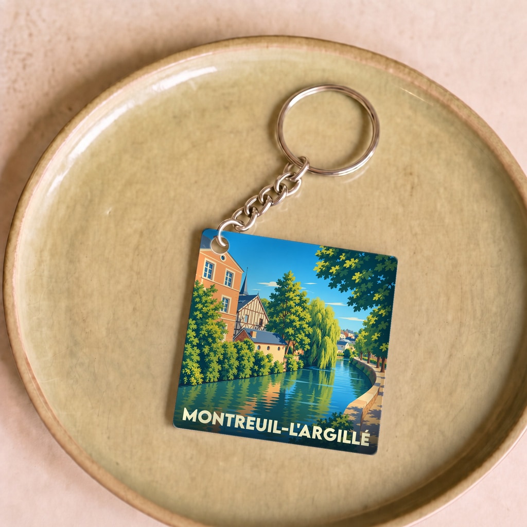 Porte-clés souvenir de la ville de Montreuil-l'Argillé avec une illustration stylisée.