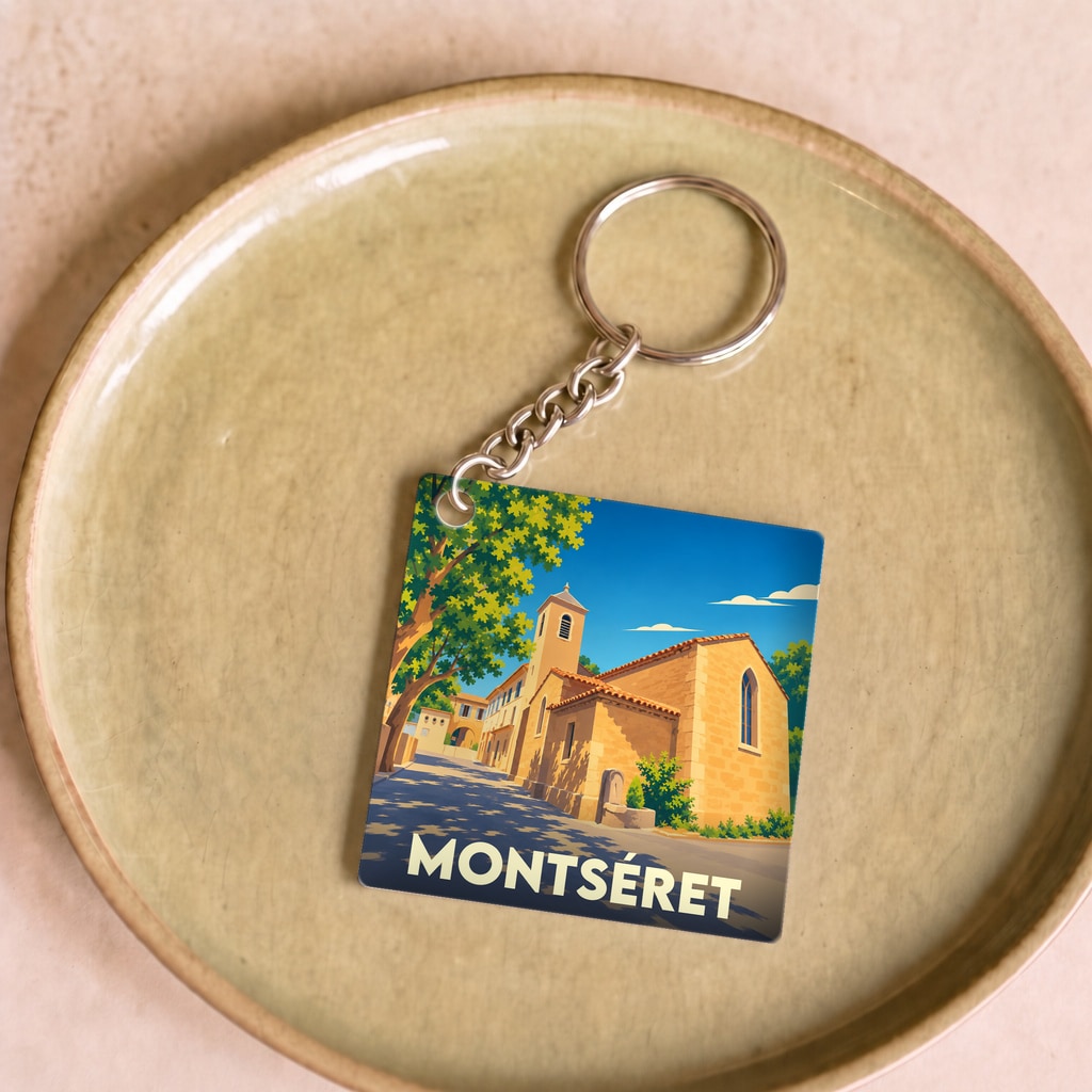 Porte-clés souvenir de la ville de Montséret avec une illustration stylisée.