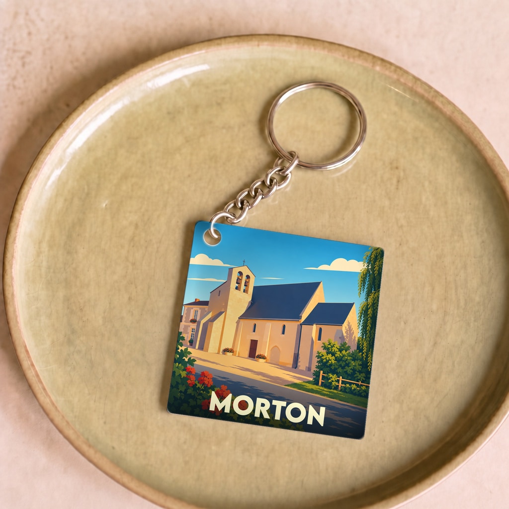 Porte-clés souvenir de la ville de Morton avec une illustration stylisée de son église.