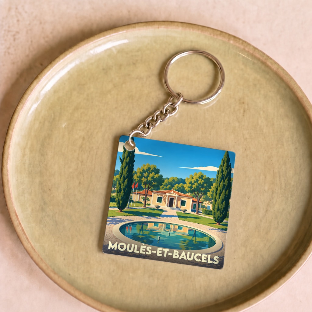 Porte-clés souvenir de la ville de Moulès-et-Baucels avec une illustration stylisée.