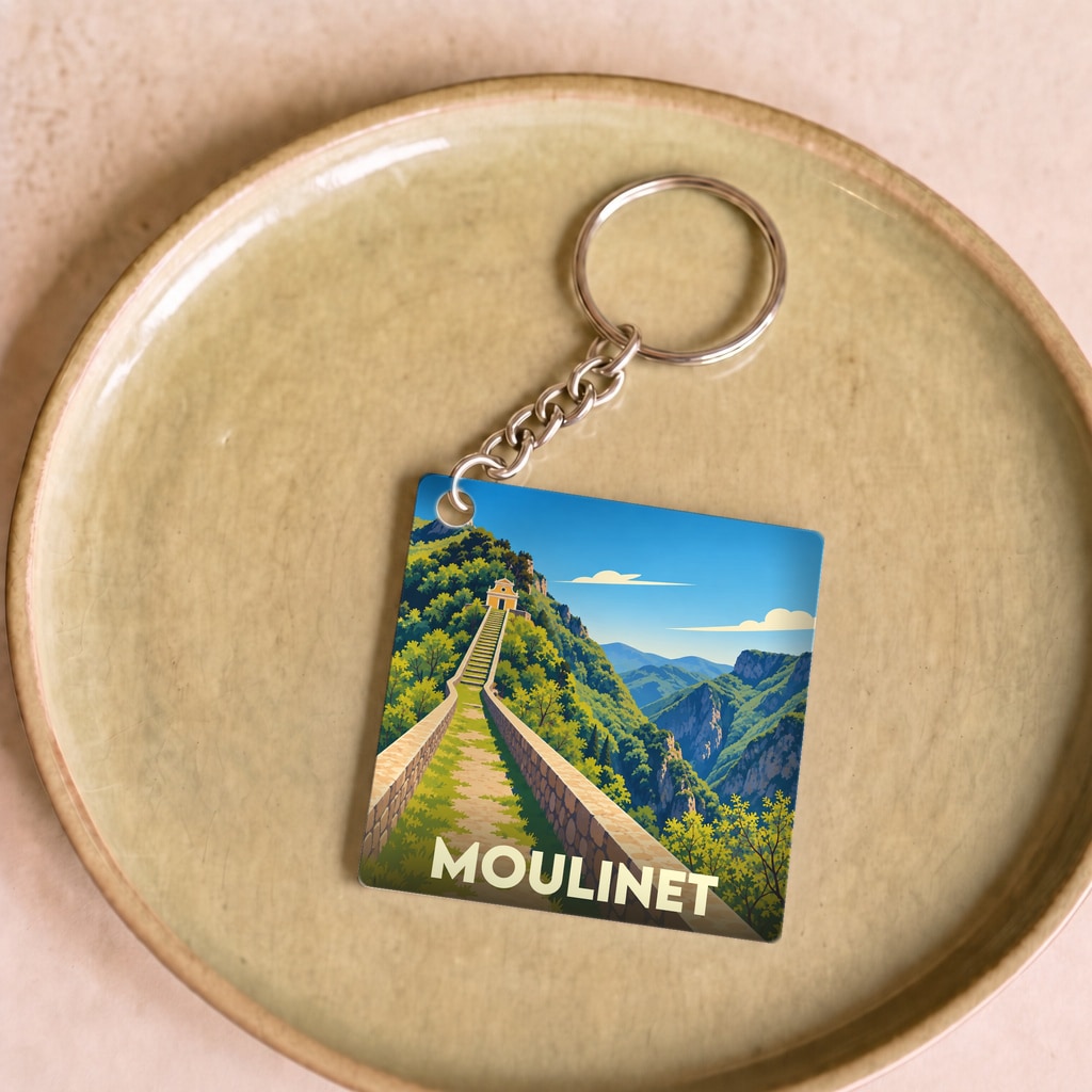 Porte-clés souvenir de la ville de Moulinet avec une illustration stylisée d'un chemin de montagne menant à une chapelle.