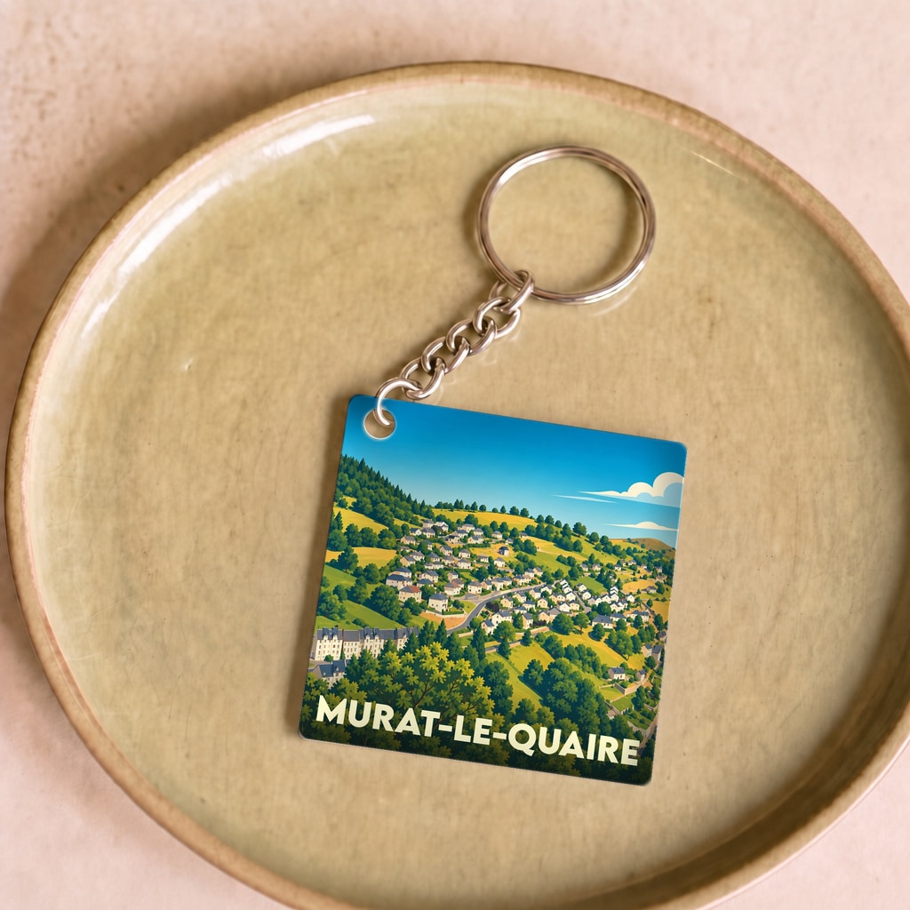 Porte-clés souvenir de la ville de Murat-le-Quaire avec une illustration stylisée de son paysage vallonné.