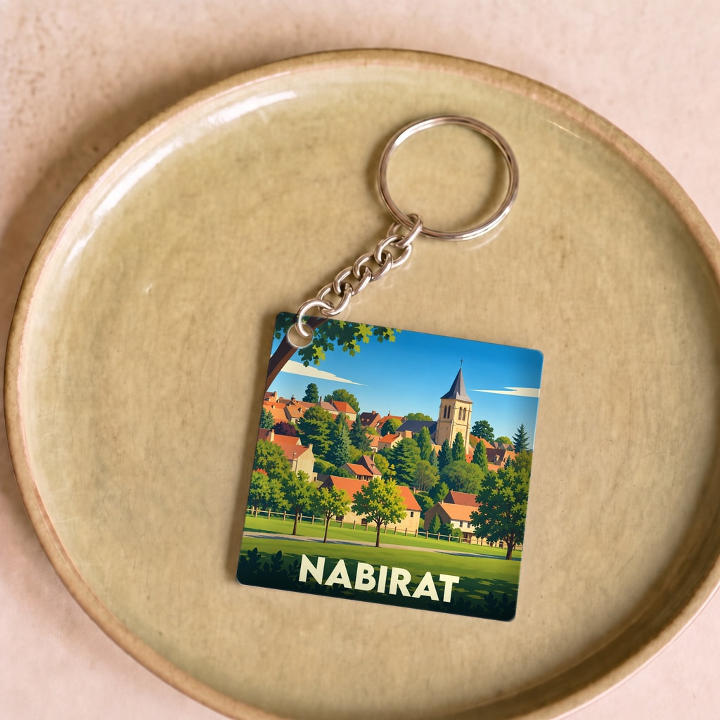 Porte-clés souvenir de la ville de Nabirat avec une illustration stylisée d'un village.