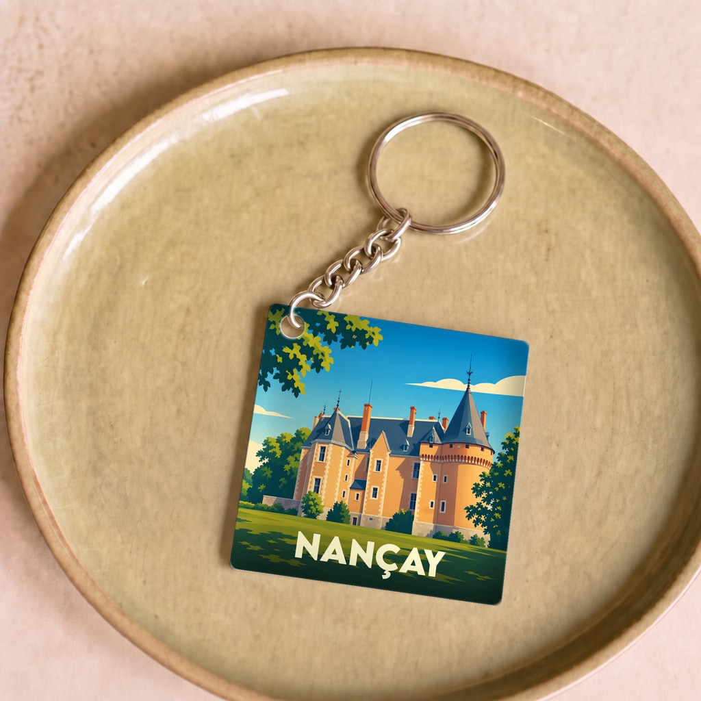 Porte-clés souvenir de la ville de Nançay avec une illustration stylisée de son château.