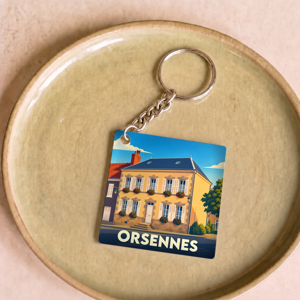 Porte-clés souvenir de la ville d'Orsennes avec une illustration stylisée d'une maison régionale.