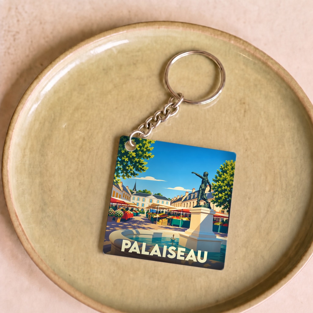 Porte-clés souvenir de la ville de Palaiseau avec une illustration stylisée de sa place du marché.