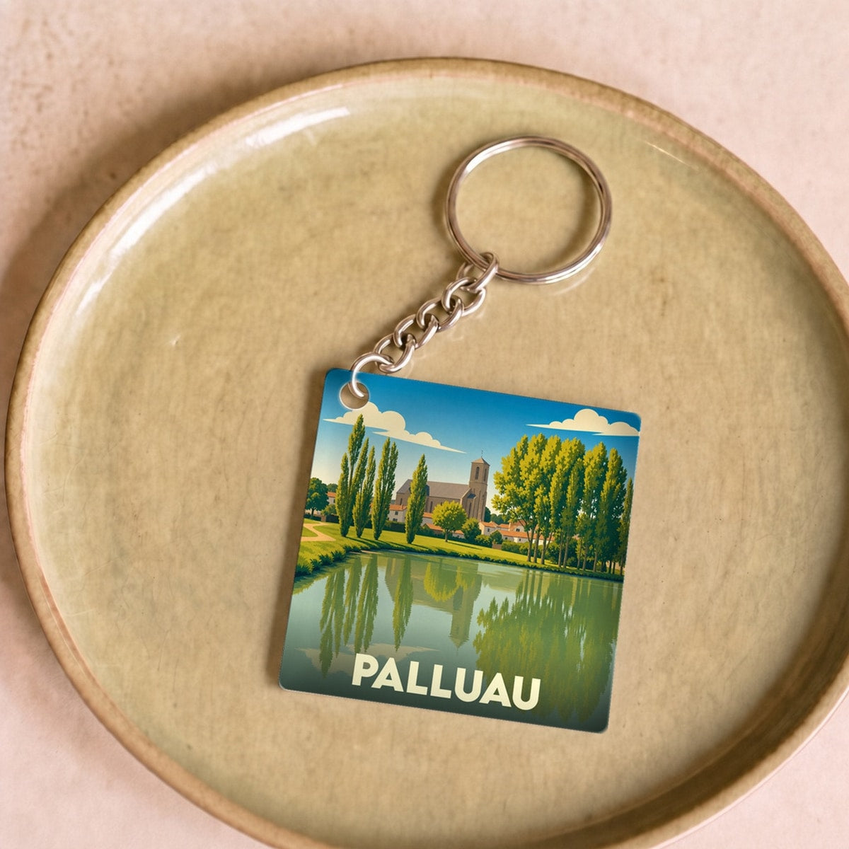 Porte-clés souvenir de la ville de Palluau avec une illustration stylisée d'un paysage aquatique.