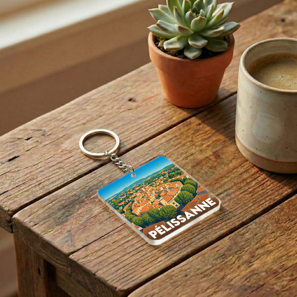 Porte-clés souvenir de la ville de Pélissanne avec une illustration stylisée.