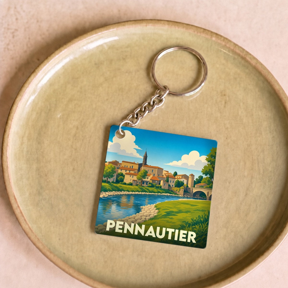 Porte-clés souvenir de la ville de Pennautier avec une illustration stylisée d'un paysage urbain au bord de l'eau.