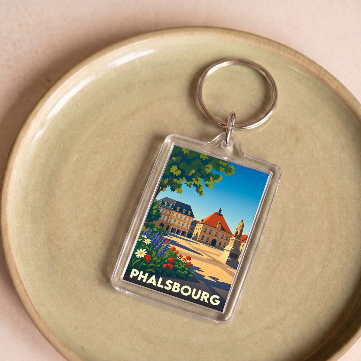 Porte-clés souvenir de la ville de Phalsbourg avec une illustration stylisée de sa place historique.